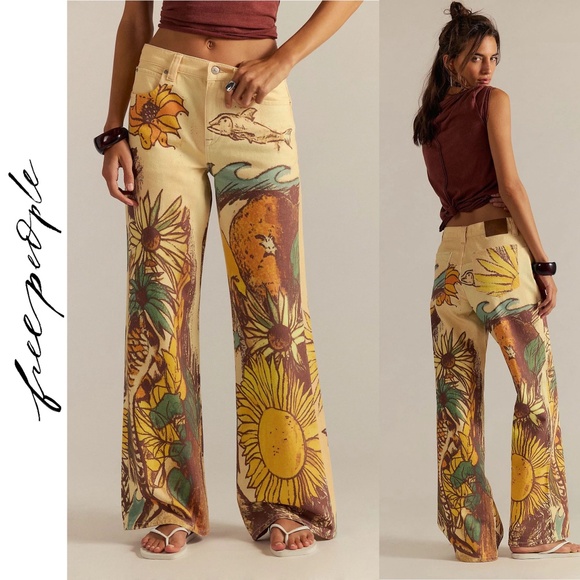 🆕 Free People | We The Free | Tinsley Printed Jeans “Beach Scene” | 29 - Picture 1 of 13